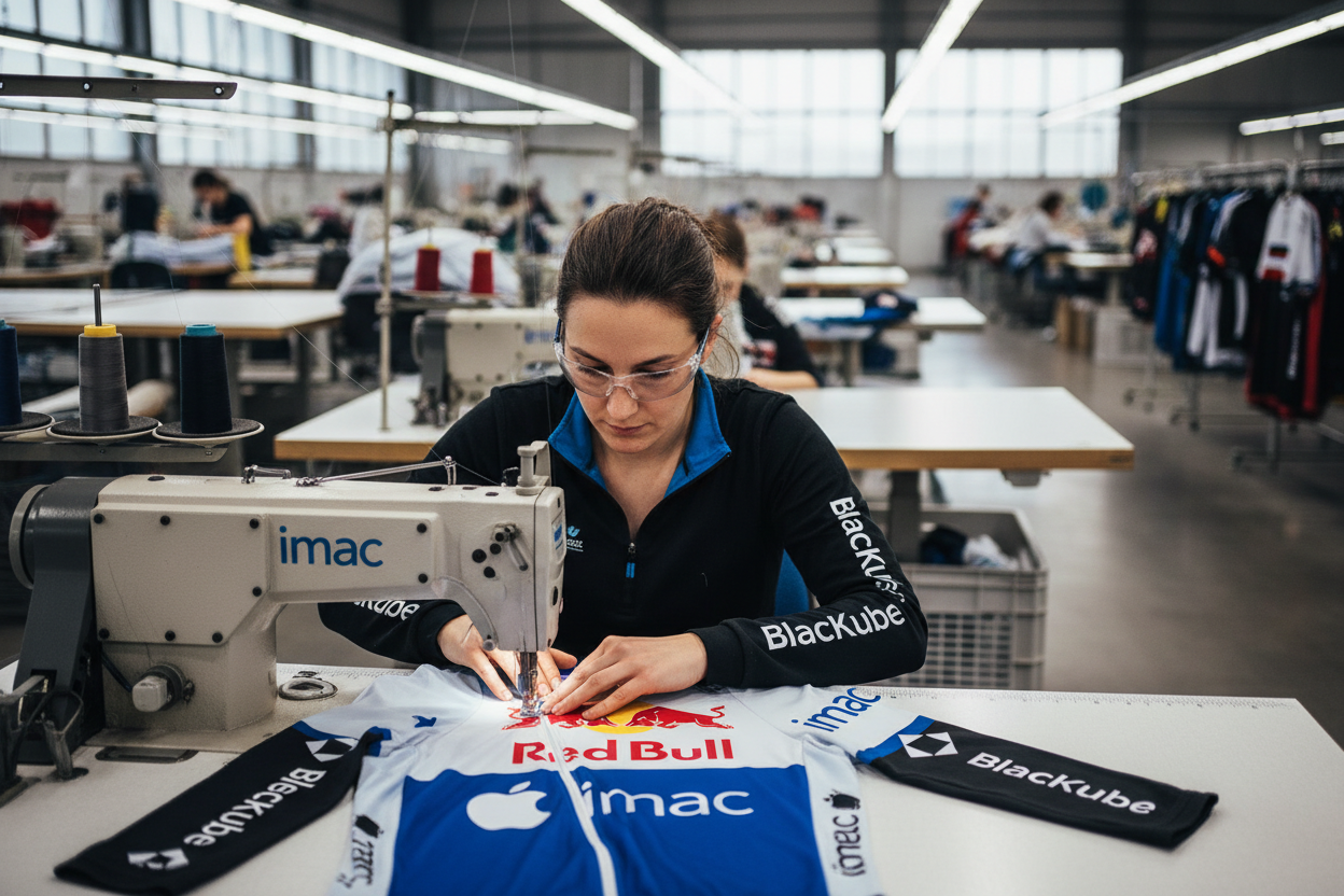 Realistic documentary photography.
A professional cycling jersey with a front zipper being sewn on an industrial sewing machine.
The jersey has a ssponsor logos: Red Bull, iMac, BlacKube, printed naturally on technical cycling fabric.
At the sewing machine there is one European female worker, focused on sewing; only one workstation in sharp focus, the rest of the factory softly blurred.
Background shows a large, modern garment factory with many sewing stations, clean 